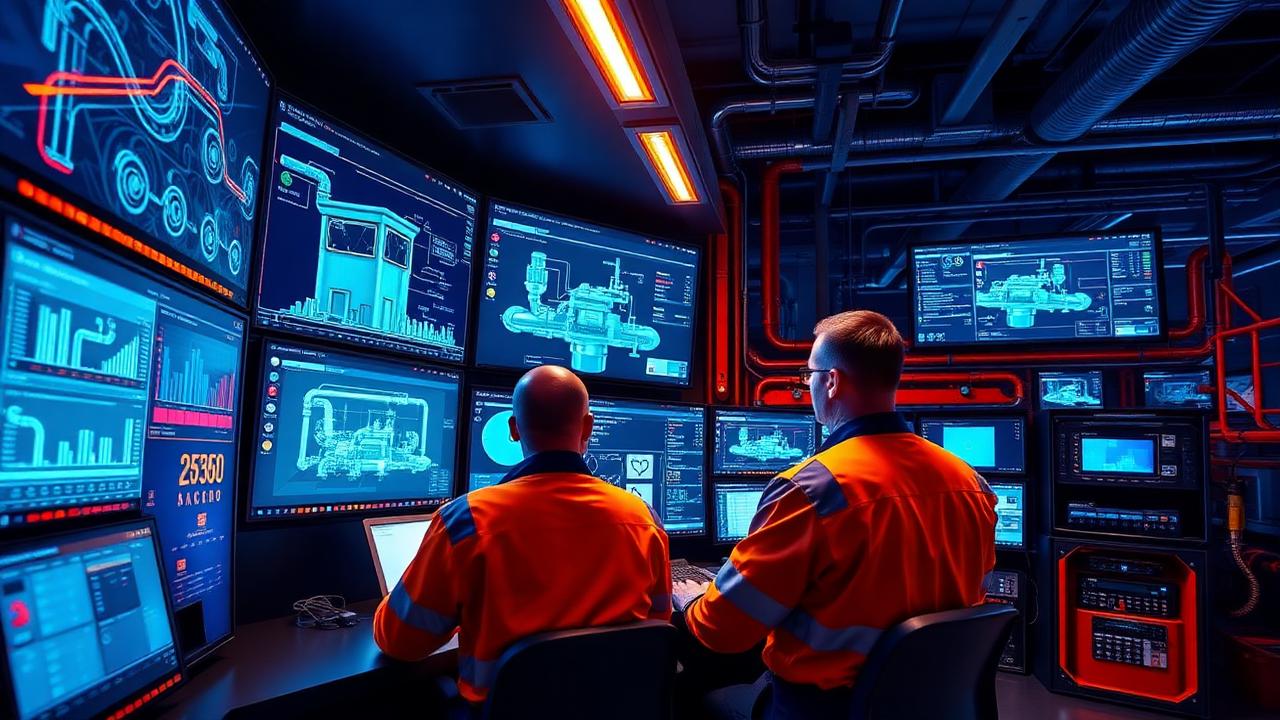 Sala de control industrial con pantallas SCADA e ingenieros trabajando