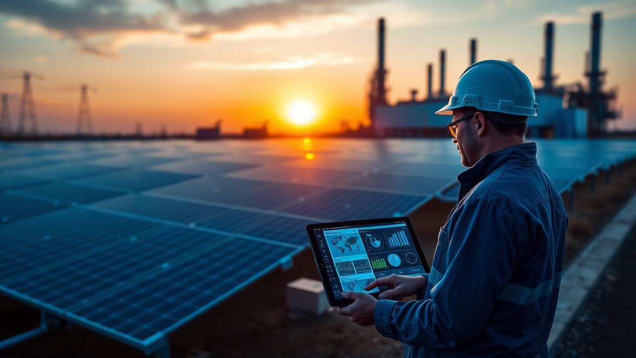 Ingeniero monitoreando un parque solar junto a una planta industrial