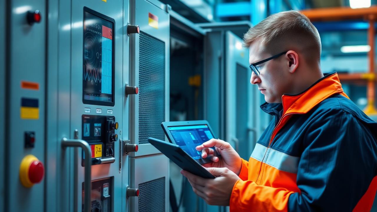 Técnico inspeccionando un tablero eléctrico con tablet de diagnóstico