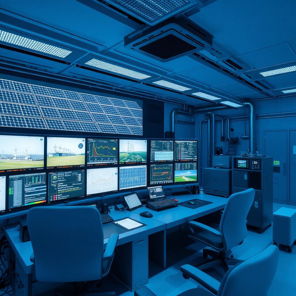Sala de control de gestión energética con paneles solares, grupos electrógenos y SCADA